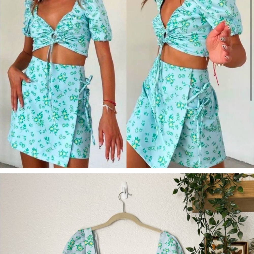 ZARA Linen Blend Floral Print Crop Top Blue Green L NWOT